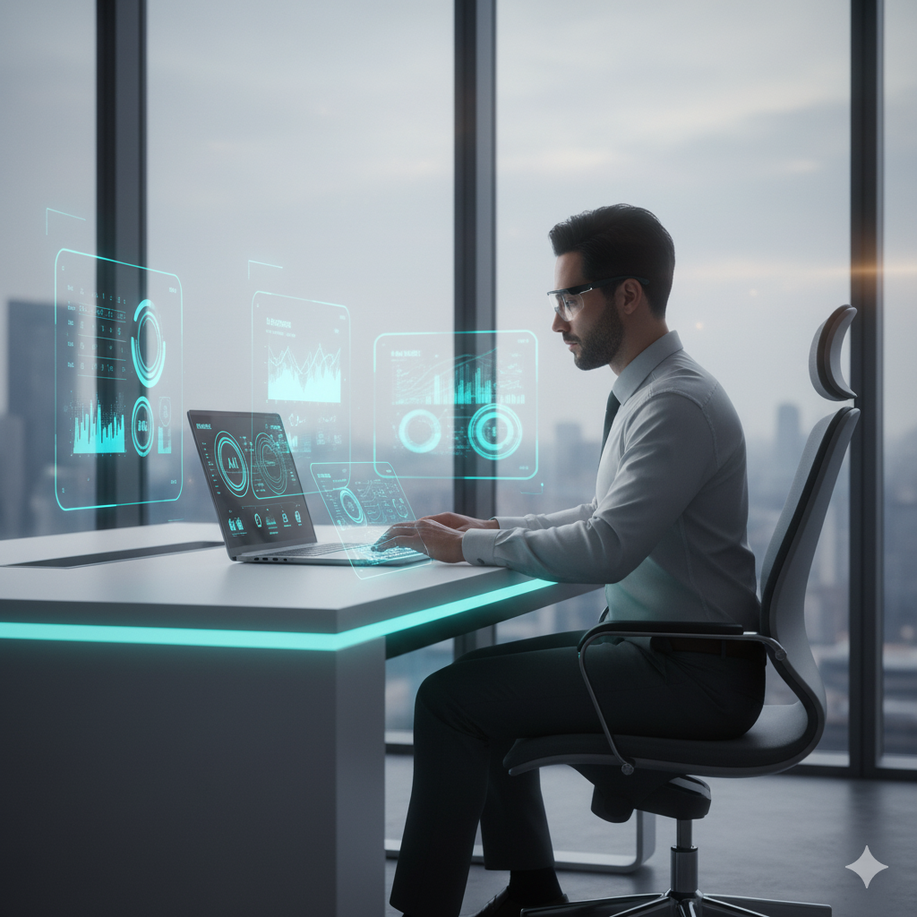 Business professional using ChatGPT and analyzing data