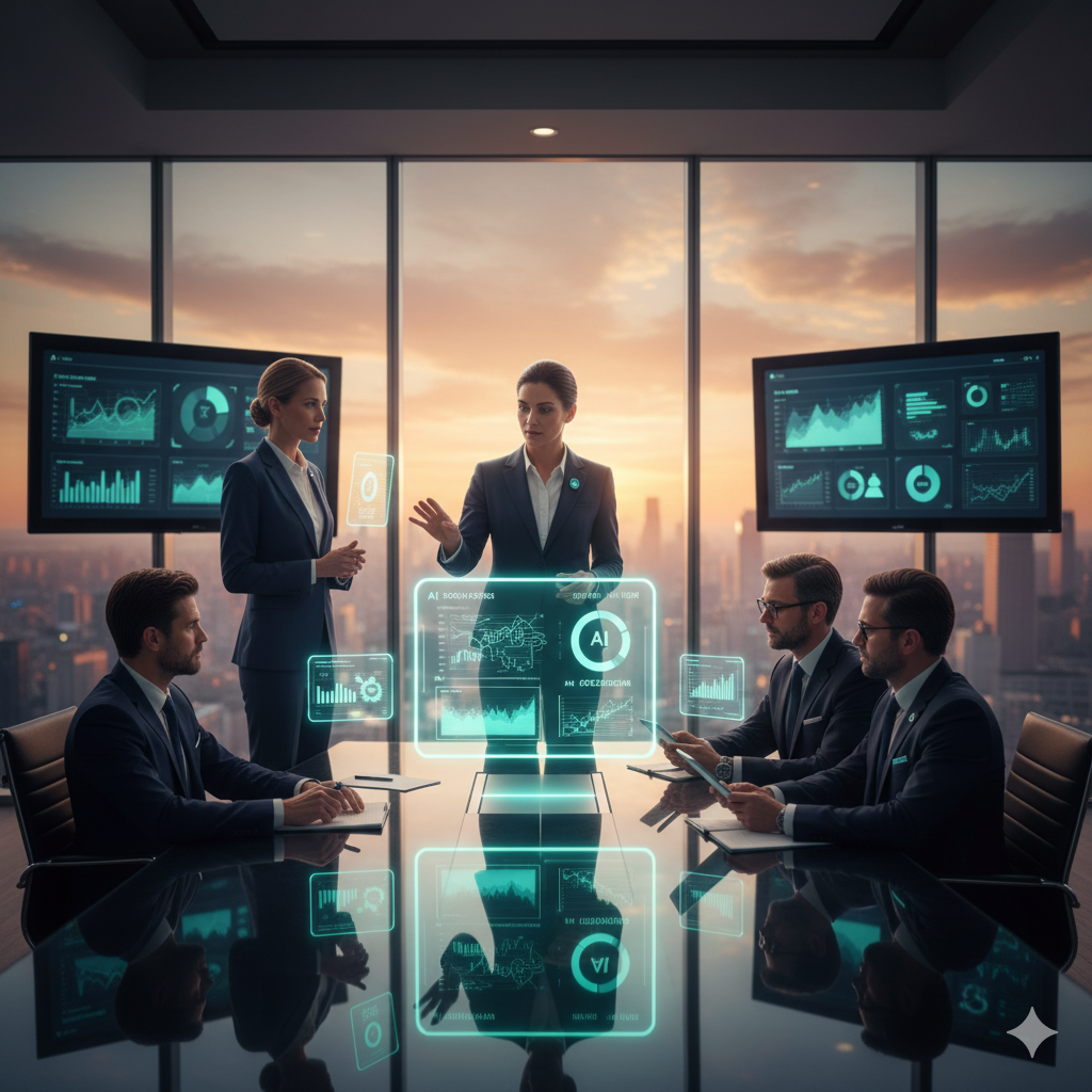 Executives reviewing AI strategy dashboard